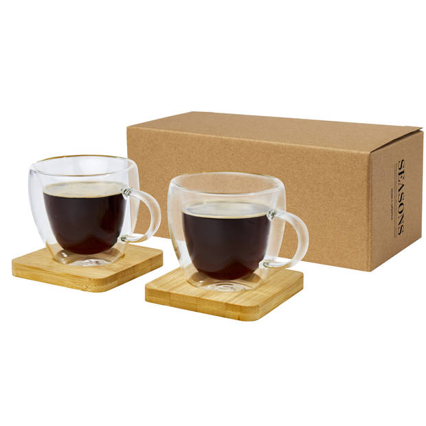 Seasons dubbelwandige koffieglazen 100 ml - set van 2x stuks - met bamboe onderzetters - Koffie- en theeglazen