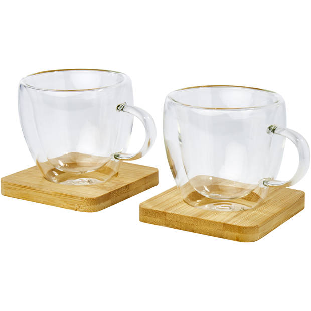 Seasons dubbelwandige koffieglazen 100 ml - set van 6x stuks - met bamboe onderzetters - Koffie- en theeglazen