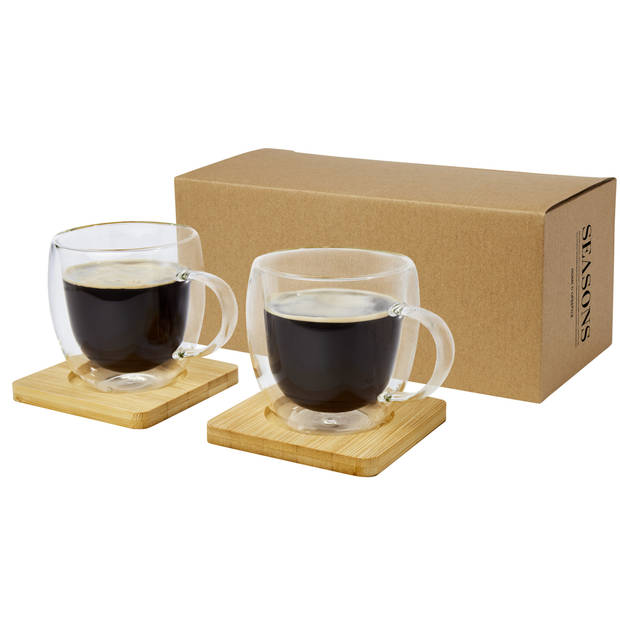 Seasons Dubbelwandige koffieglazen 250 ml - set van 2x stuks - met bamboe onderzetters - Koffie- en theeglazen