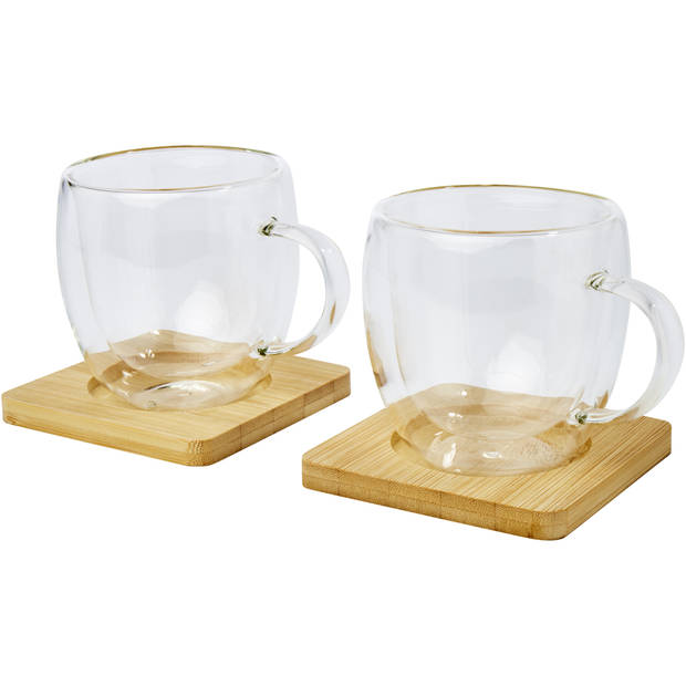 Seasons Dubbelwandige koffieglazen 250 ml - set van 2x stuks - met bamboe onderzetters - Koffie- en theeglazen