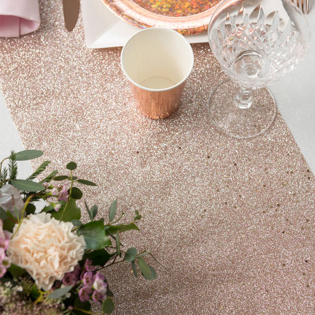 Santex Tafelloper op rol - 2x - rose goud glitter - 28 x 300 cm - polyester - Feesttafelkleden
