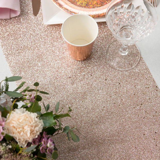 Santex Tafelloper op rol - rose goud glitter - 28 x 300 cm - polyester - Feesttafelkleden