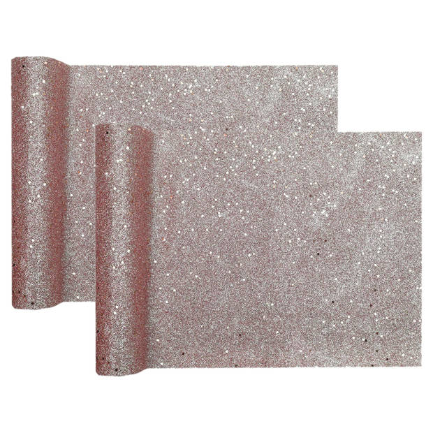 Santex Kerst tafelloper op rol - 2x - rose goud glitter - 28 x 300 cm - polyester - Tafellakens