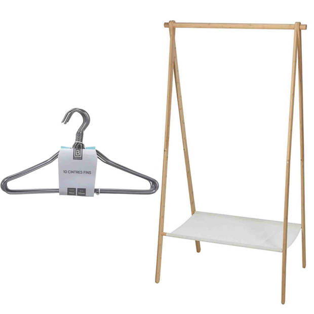 Set van kledingrek met plank en kledinghangers - bamboe - 155 cm - Kledingrekken