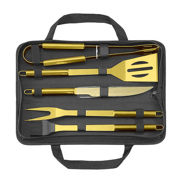 Gouden BBQ Tools - Miljonair Barbecue Accessoire Set - 5 Delige BBQ set - Incl. Meegeleverde Tas - Gouden BBQ Set - Hoge