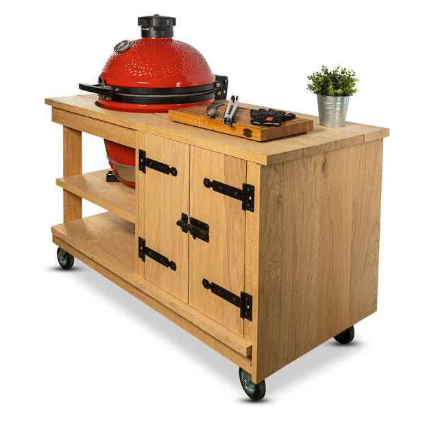 Eiken tafel met kast + Kamado Joe Classic of Big Joe - Rood