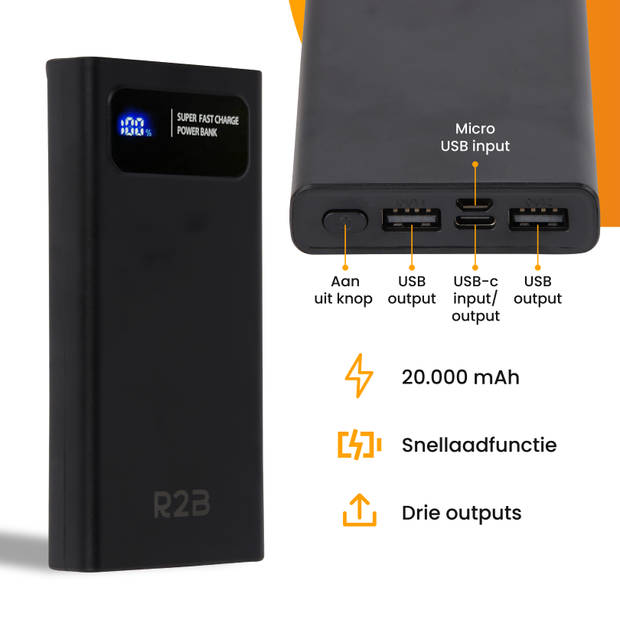 R2B® Powerbank 20.000 mAh - 4 tot 6 keer opladen - USB, USB C & Micro USB - Snellader & LED Display