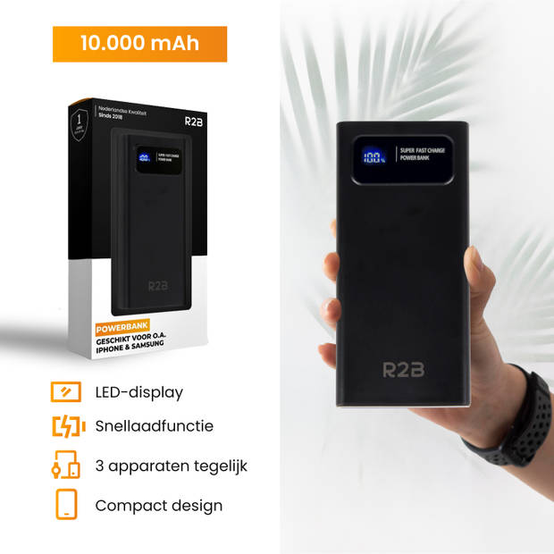 R2B® Powerbank 10.000 mAh - 2 tot 4 keer opladen - USB, USB C & Micro USB - Snellader & LED Display