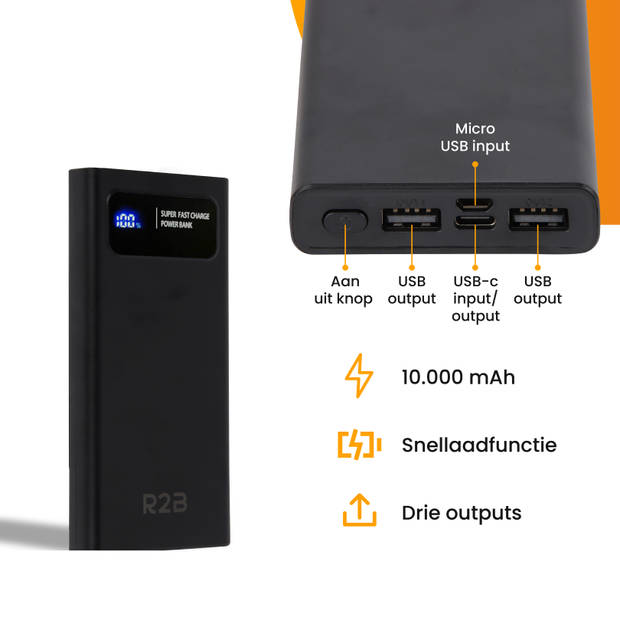 R2B® Powerbank 10.000 mAh - 2 tot 4 keer opladen - USB, USB C & Micro USB - Snellader & LED Display