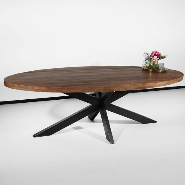 Eettafel ovaal mangohout 240cm James bruin ovale industriële tafel duurzaam mango eetkamertafel