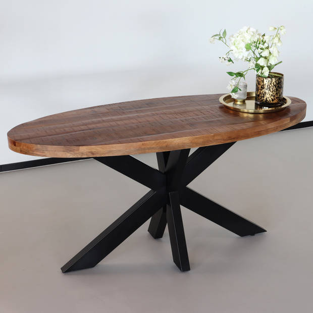 Eettafel ovaal mangohout 240cm James bruin ovale industriële tafel duurzaam mango eetkamertafel