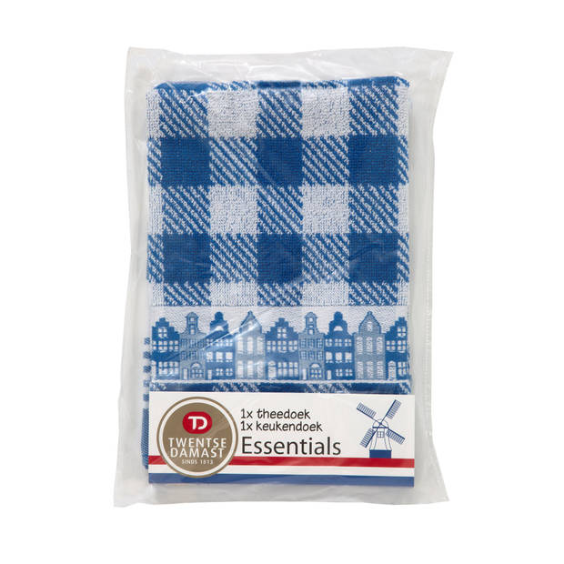 Twentse Damast Hollandse Collectie - Keukentextiel - Keukendoekenset - Katoen - 2 stuks - Blauwe Huizen