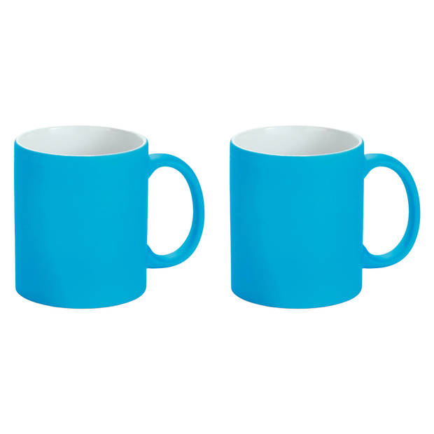 Luxe krijt koffiemok/beker - 2x - blauw - keramiek - met all-over schrijfvlak - 350 ml - Bekers