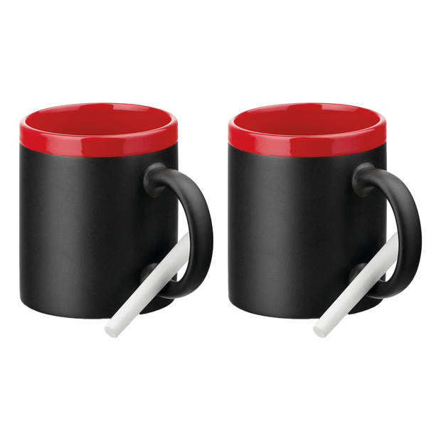 Luxe krijt koffiemok/beker - 2x - rood/zwart - keramiek - met all-over schrijfvlak - 350 ml - Bekers