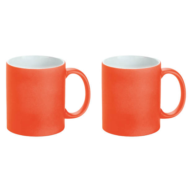 Luxe krijt koffiemok/beker - 2x - oranje - keramiek - met all-over schrijfvlak - 350 ml - Bekers