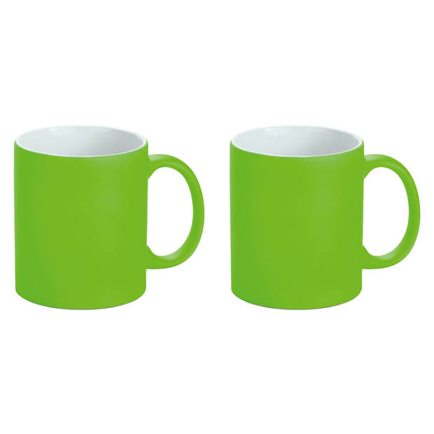 Luxe krijt koffiemok/beker - 2x - limegroen - keramiek - met all-over schrijfvlak - 350 ml - Bekers