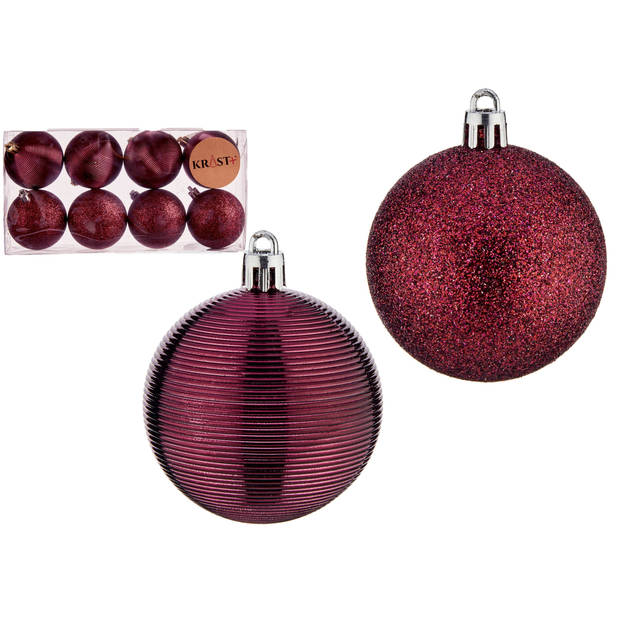 Krist+ kerstballen - 8x stuks - wijn/bordeaux rood - kunststof - gedecoreerd -6 cm - Kerstbal