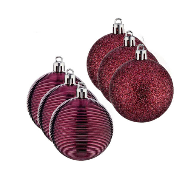 Krist+ kerstballen - 8x stuks - wijn/bordeaux rood - kunststof - gedecoreerd -6 cm - Kerstbal