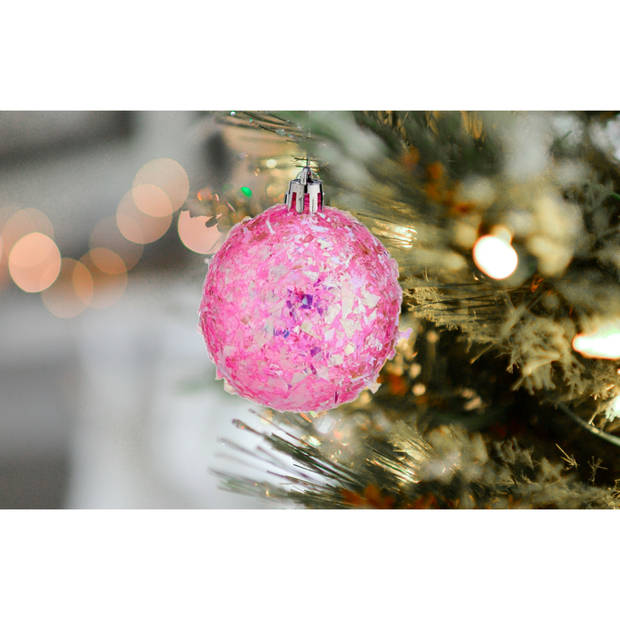 Krist+ kerstballen - 12x stuks - roze - kunststof - glitter - Kerstbal