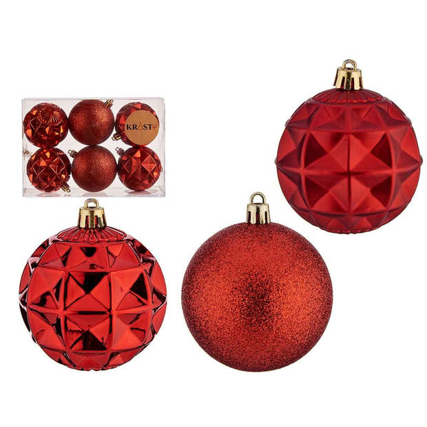 Krist+ kerstballen - 12x stuks - rood - kunststof - gedecoreerd -7 cm - Kerstbal