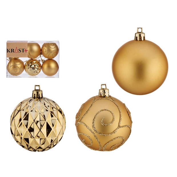 Arte R gedecoreerde kerstballen - 12x stuks - goud - kunststof - 8 cm - Kerstbal