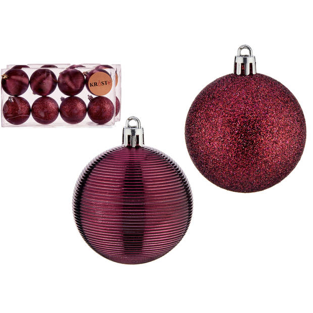 Krist+ kerstballen - 8x stuks - wijn/bordeaux rood - kunststof - gedecoreerd -6 cm - Kerstbal