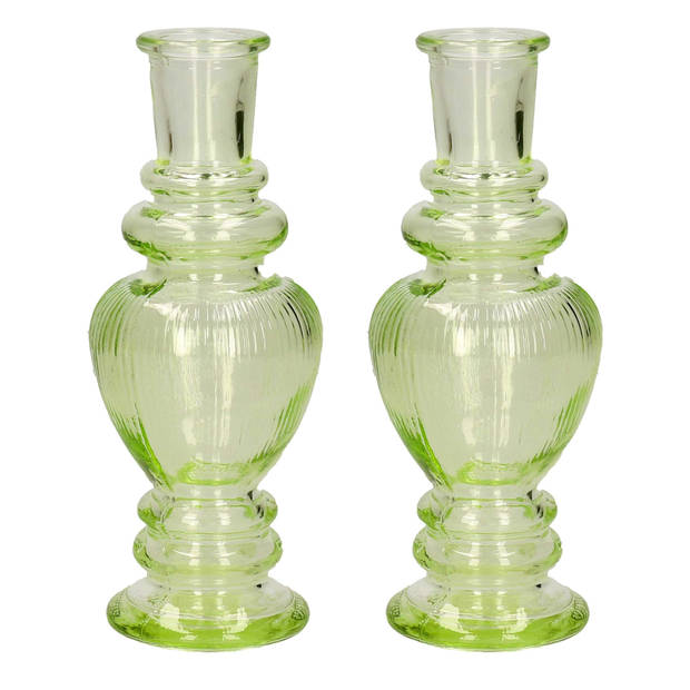 Kaarsen kandelaar Venice - 2x - gekleurd glas - ribbel lichtgroen - D5,7 x H15 cm - kaars kandelaars