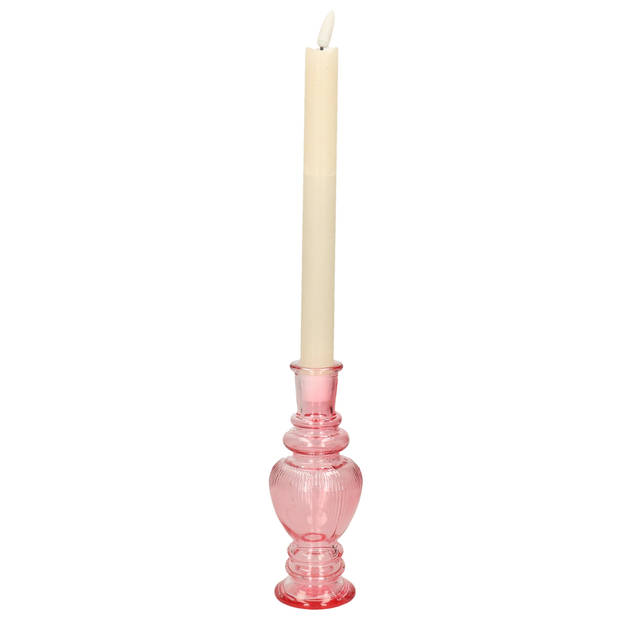 Kaarsen kandelaar Venice - gekleurd glas - ribbel roze - D5,7 x H15 cm - kaars kandelaars