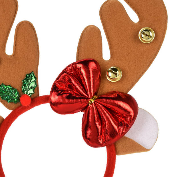 Christmas Decoration kerst haarband - 2x - rendier gewei strik- bruin - Verkleedattributen