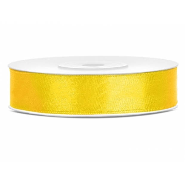 1x Gele satijnlint rol 1,2 cm x 25 meter cadeaulint verpakkingsmateriaal - Cadeaulinten