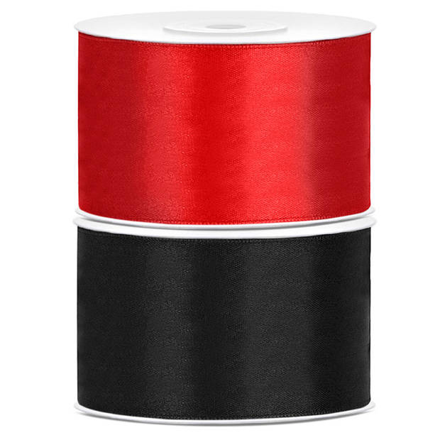 Set van 2 stuks sierlinten/cadeaulinten/satijnen linten zwart en rood 38 mm x 25 meter - Cadeaulinten