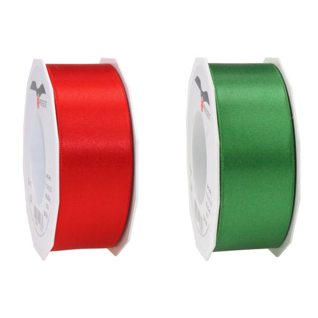 Satijn cadeau inpak deco sierlint rood en groen 25 meter x 0.4 cm - Cadeaulinten