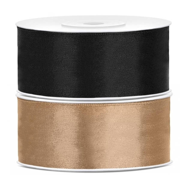 Bellatio decorations 2x rollen satijn sierlint 2.5 cm x 25 meter goud en zwart - Cadeaulinten