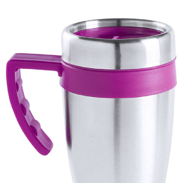 Warmhoudbeker/thermos isoleer koffiebeker/mok - RVS - zilver/roze - 450 ml - Thermosbeker