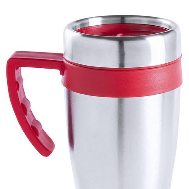 Warmhoudbeker/thermos isoleer koffiebeker/mok - RVS - zilver/rood - 450 ml - Thermosbeker