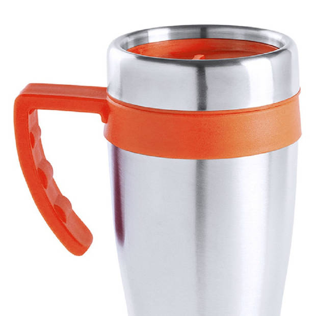 Warmhoudbeker/thermos isoleer koffiebeker/mok - RVS - zilver/oranje - 450 ml - Thermosbeker