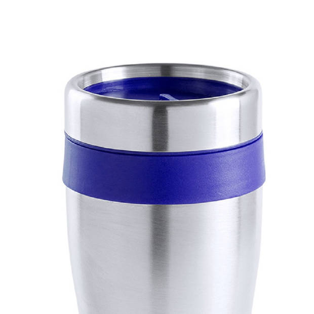 Warmhoudbeker/thermos isoleer koffiebeker/mok - RVS - zilver/blauw - 450 ml - Thermosbeker