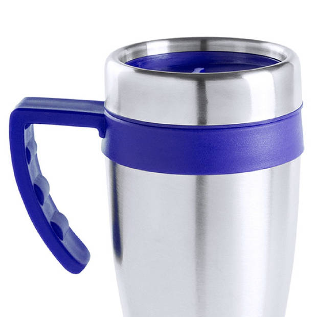 Warmhoudbeker/thermos isoleer koffiebeker/mok - RVS - zilver/blauw - 450 ml - Thermosbeker