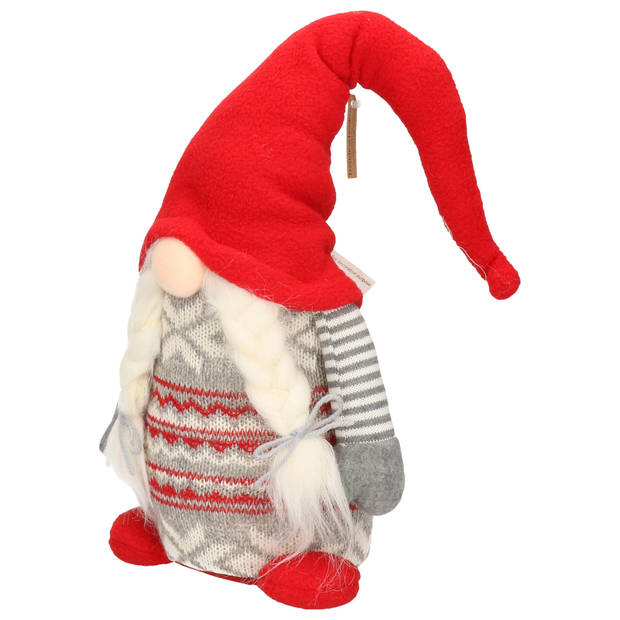 Pluche gnome/dwerg decoratie pop - rood/grijs - vrouwtje - 45 x 14 cm - Kerstman pop