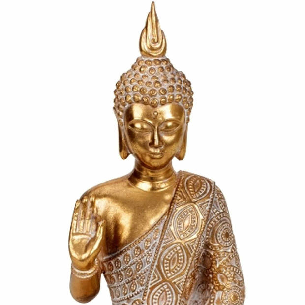 Boeddha beeldje met theelichthouder - binnen/buiten - kunststeen - goud - 38 x 23 cm - Beeldjes