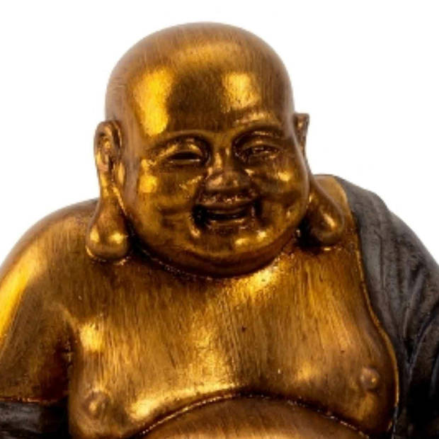 Dikke Happy Boeddha&nbsp;beeldje zittend - binnen/buiten - kunststeen - grijs/goud - 17 x 20 cm - Beeldjes
