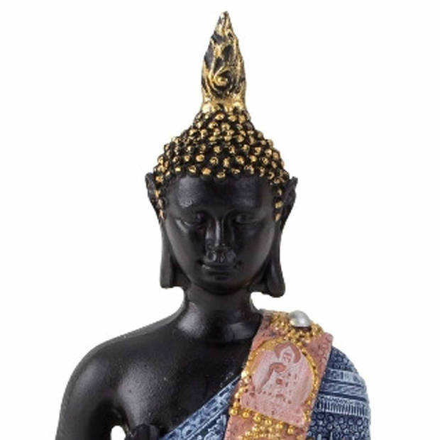 Boeddha beeldje zittend - binnen/buiten - kunststeen - zwart/blauw - 15 x 10 cm - Beeldjes