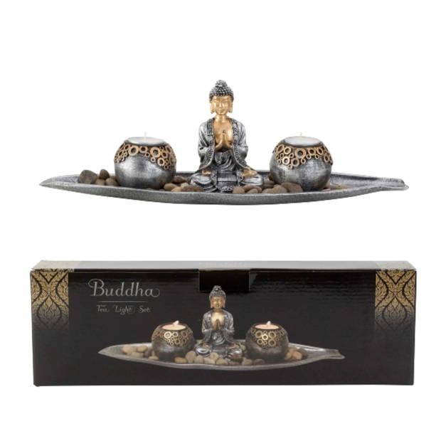 Boeddha decoratie beeldje met 2 kaarshouders op schaal - kunststeen - zilver/bruin - 30 x 11 cm - Beeldjes