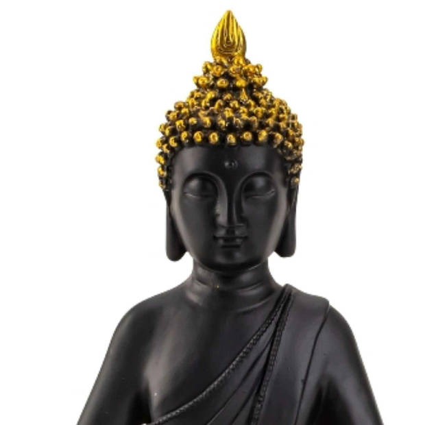 Boeddha beeldje zittend - binnen/buiten - kunststeen - zwart/goud - 30 x 17 cm - Beeldjes
