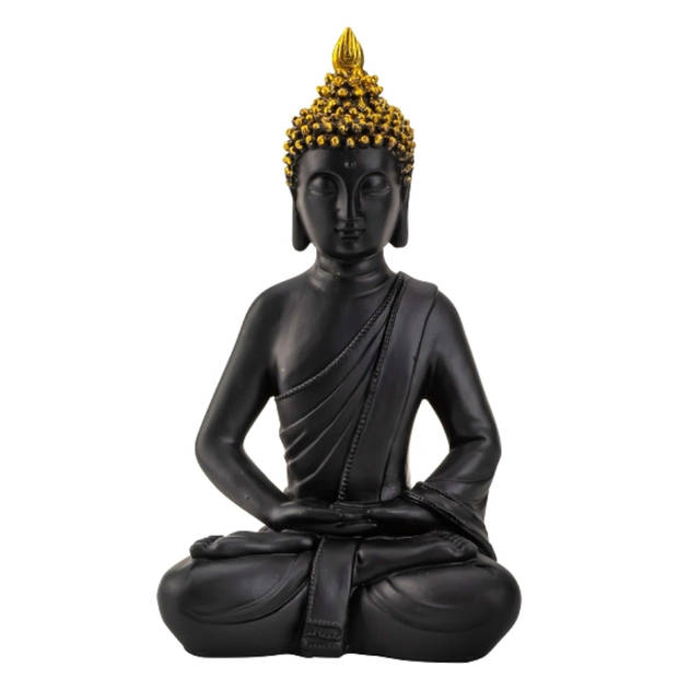 Boeddha beeldje zittend - binnen/buiten - kunststeen - zwart/goud - 30 x 17 cm - Beeldjes