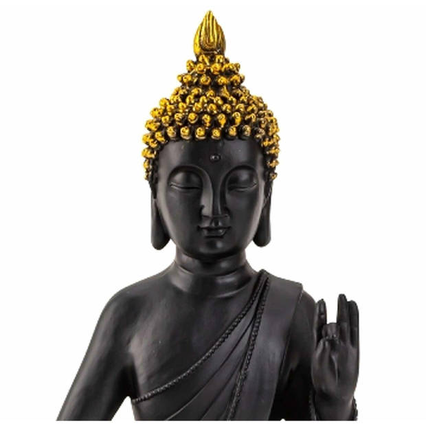 Boeddha beeldje zittend - binnen/buiten - kunststeen - zwart/goud - 31 x 18 cm - Beeldjes