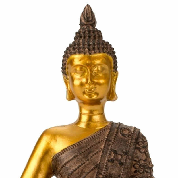 Boeddha beeldje zittend - binnen/buiten - kunststeen - zwart/goud - 17 x 23 cm - Beeldjes