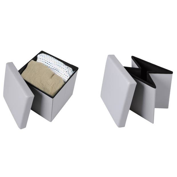 Urban Living Poef Leather BOX - 2x - hocker - opbergbox - lichtgrijs - PU/mdf - 38 x 38 cm - opvouwbaar - Poefs