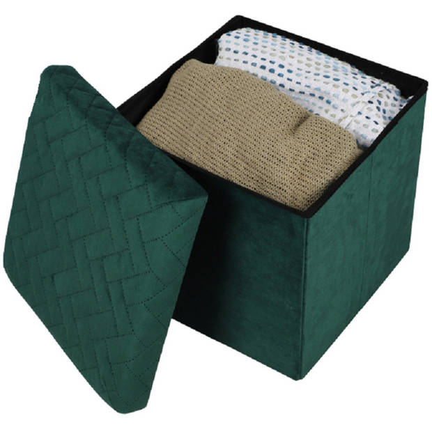 Urban Living Poef/hocker - opbergbox zit krukje - velvet donkergroen - polyester/mdf - 38 x 38 cm - opvouwbaar - Poefs