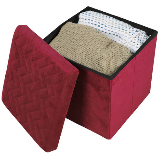 Urban Living Poef/hocker - 2x - opbergbox zit krukje - velvet rood - polyester/mdf - 38 x 38 cm - opvouwbaar - Poefs